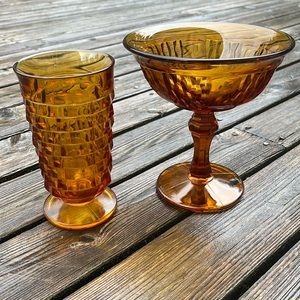 Amber glass pedestal bowl and sherbet cup